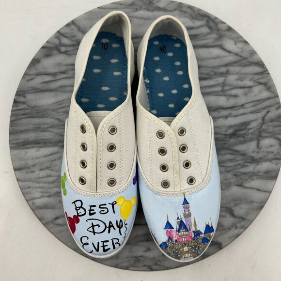 Time and Tru Disney Best Day Ever Sneaker Women 10 White Canvas Laceless Low Top - Picture 8 of 11